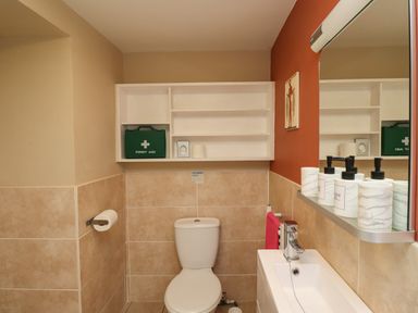 A bathroom with a toilet, a sink with soap dispensers, a first aid kit on a wall shelf and a mirror at Craster Tower Penthouse in Craster