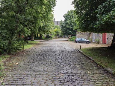 A cobblestone driveway lined with trees and grass leading to stone buildings with parked cars near the buildings at Craster Tower Penthouse in Craster