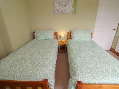 A bedroom with two single beds a nightstand with a lamp and a floral painting on the wall at No2 Budle Bay Cottage in Bamburgh