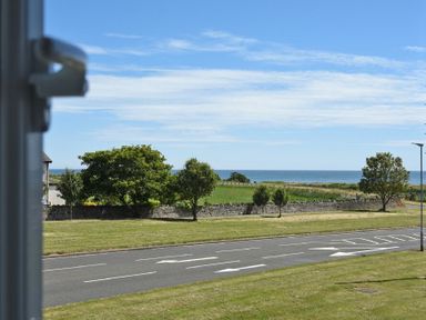 A road with lane arrows next to grass fields and trees with the sea and blue sky in the background at Inveray in Seahouses