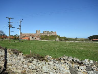 A stone wall and green field with telephone poles and a castle in the distance at Castle View Bamburgh