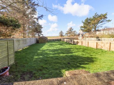 A fenced backyard with a grass lawn a wooden shed and trees at St Marys Cottages No1 in Low Newton-by-the-Sea