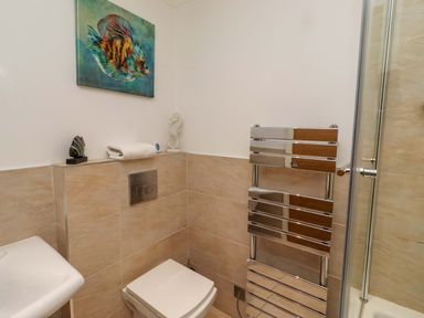 A bathroom with a toilet, sink, and shower at Farne Cottage Beadnell