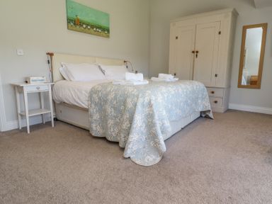 A bedroom with a double bed a bedside table with facial tissues a wardrobe and a wall mirror at The Mustard Pot in Acklington