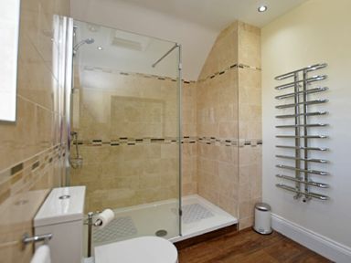 A bathroom with a walk-in shower a toilet a heated towel rail and a small trash bin at Armstrong Cottages No22 in Bamburgh