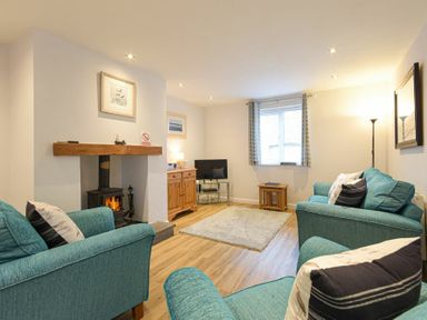 A living room with teal sofas a wood burning stove and television at Braidcarr Cottage in Seahouses