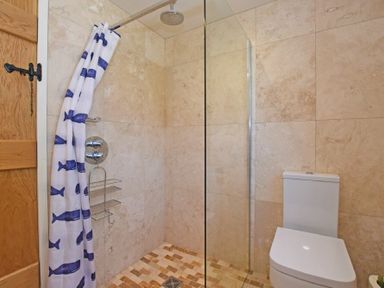 A bathroom with a walk in shower and a white toilet at The Byre at Warkworth