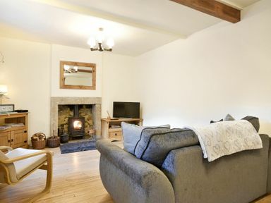 A living room with a gray sofa a wood-burning stove a wooden chair and TV at West End Cottage in Embleton