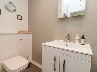 A bathroom with a toilet a sink with hand wash and lotion a mirror and wall decorations at The Bolthole Seahouses