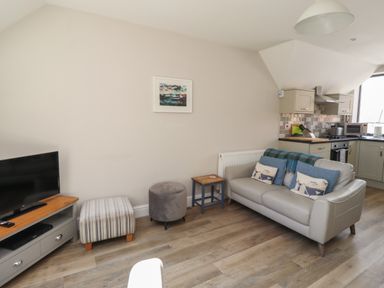 A living room with a sofa a television ottomans and a kitchen area at Riverside Lodge in Alnmouth