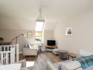 A sitting room with armchairs a television and a skylight window at Riverside Lodge in Alnmouth