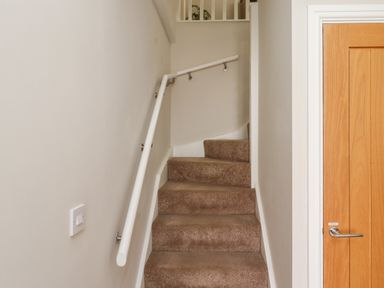 A carpeted staircase with a white handrail and a wooden door with a silver handle at Riverside Lodge in Alnmouth