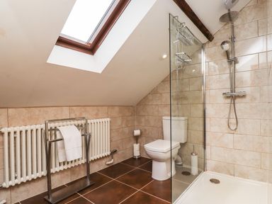 A bathroom with a shower area a toilet a radiator and a skylight window at Number Seventeen in Amble
