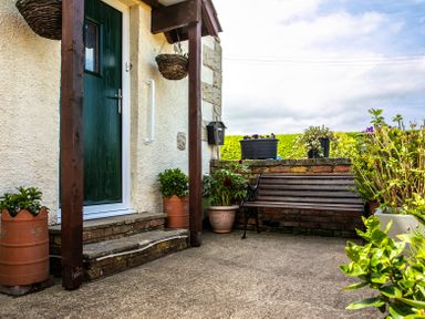 An outdoor seating area with a wooden bench potted plants and a green door at Swallows Cottage nr Warkworth in Acklington