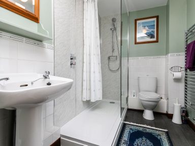 A bathroom with a shower, white sink, toilet, framed picture, towel rack, and a blue rug at Swallows Cottage nr Warkworth in Acklington