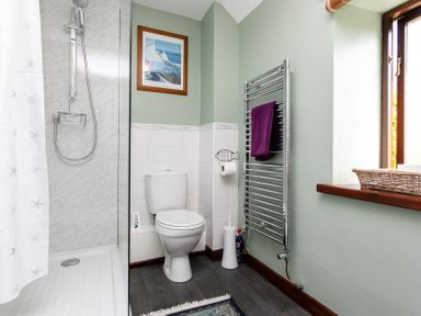A bathroom with a shower enclosure toilet towel rail and window at Swallows Cottage nr Warkworth in Acklington