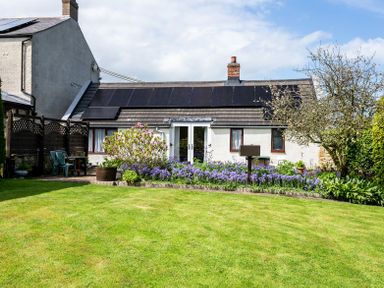 A garden with grass lawn and flower beds in front of a house with solar panels on the roof at Swallows Cottage nr Warkworth in Acklington