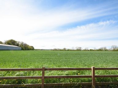 A green field with a wooden fence in the foreground and a building to the left at Dunrovin in Beadnell