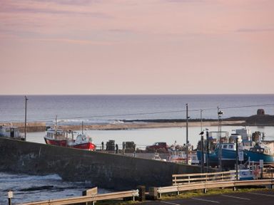 A harbor with boats docked near a concrete pier and calm sea at Portside in Seahouses