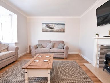 A living room with two sofas a wooden coffee table a carpet a fireplace and a wall painting at Anchor Lodge in Seahouses