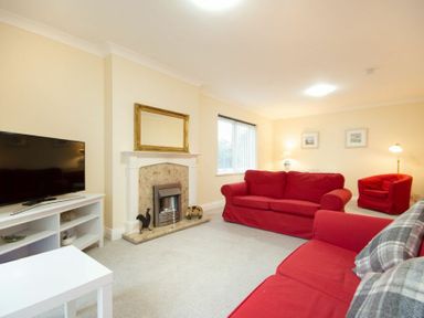 A living room with red sofas a television on a white stand and a fireplace at Summerfold in Warkworth