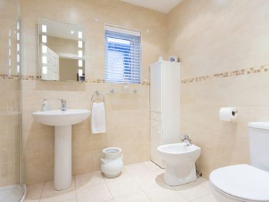 A bathroom with a pedestal sink mirror cabinet toilet bidet and window at Summerfold in Warkworth