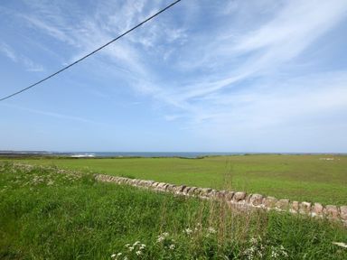 A green field with a low stone wall and the ocean in the background at Portland in Beadnell