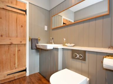 A bathroom with wooden door gray panel walls a wall-mounted sink a mirror and a toilet at South View nr Bamburgh in Seahouses