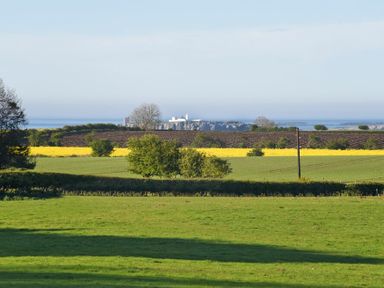 A green field with trees and a yellow crop with a rocky coastline and ocean in the background at South View nr Bamburgh in Seahouses