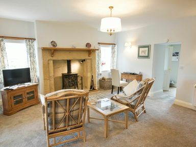 A living room with a stone fireplace two armchairs a glass coffee table a television on a wooden cabinet and a desk with a chair at The Lodge (Elsdon) in Elsdon