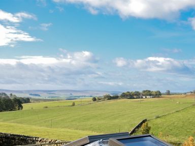 A landscape of green fields with scattered trees under a blue sky with clouds at The Lodge (Elsdon) in Elsdon