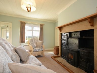 A living room with sofa armchair window and fireplace at Rose Cottage Elsdon