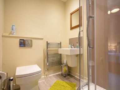 A bathroom with a toilet, sink, shower with glass door, wall-mounted mirror, towel rack, and green rug at Sunnybrae (Alnmouth) in Alnmouth