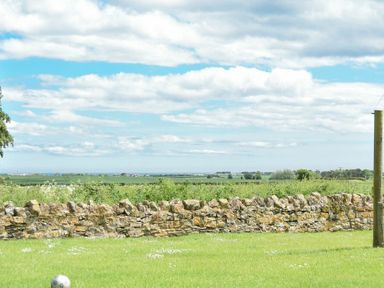 A grassy yard with a stone wall and a soccer ball under a cloudy blue sky at Farne View Cottage in Seahouses