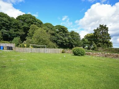 A grassy field with a small soccer goal a bush and trees in the background at Farne View Cottage in Seahouses