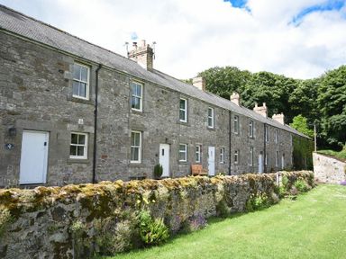 A row of stone houses with multiple white doors and windows behind a mossy stone wall with grass and flowers in front at Farne View Cottage in Seahouses
