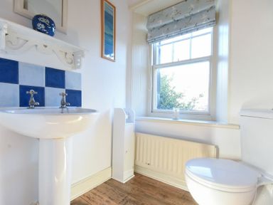 A bathroom with a white pedestal sink, a toilet, a window with a patterned blind and a blue tile backsplash at Whistlewood Bamburgh