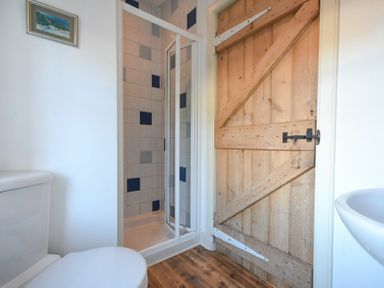 A bathroom with a toilet a wooden door a shower with blue and white tiles and a sink at Whistlewood in Bamburgh