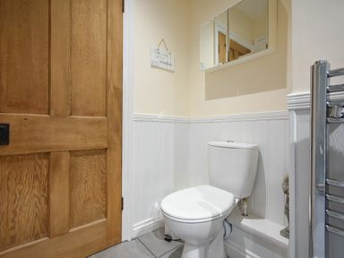 A bathroom with a white toilet wooden door and a wall mirror at Castle View Warkworth