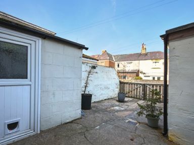 An outdoor courtyard area with potted plants concrete ground white walls and a wooden fence in the background at Rosedale House in Amble