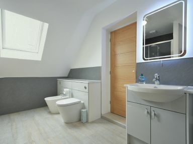 A bathroom with a bidet toilet sink mirror and wooden door at The Chevy in Seahouses