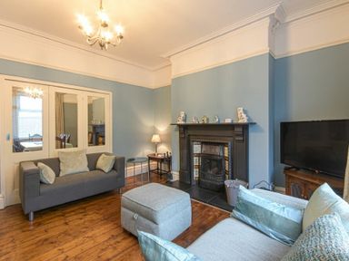 A living room with sofas a fireplace and a television at Nettie's View in Amble