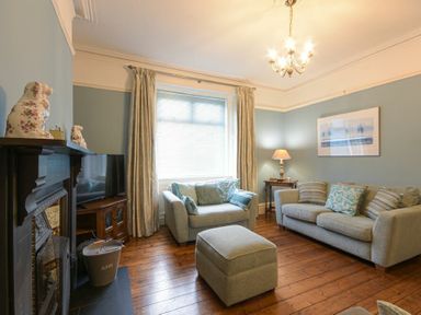 A living room with sofas a fireplace a wooden floor and a television at Nettie's View in Amble
