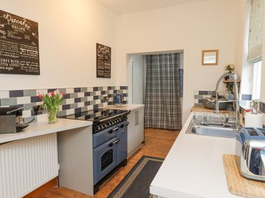 A kitchen with a stove, sink, toaster, coffee machine, and tulips in a glass vase at Anchor Cottage Seahouses