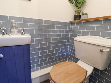 A bathroom with a toilet with a wooden seat a sink with a soap dispenser and blue tiled walls at Anchor Cottage Seahouses