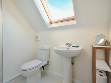 A bathroom with a toilet sink wooden shelf with toilet paper and a mirror under a skylight at Annstead House in Seahouses