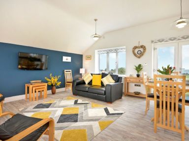 A living room with a black leather sofa with yellow pillows a geometric patterned rug and a blue accent wall with a mounted television at Viewpoint in Alnmouth