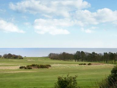 A golf course with trees near the shore and the sea in the background at Viewpoint in Alnmouth
