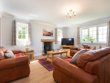 A living room with brown leather sofas, wooden coffee table, TV, fireplace, and windows with checked curtains at Castlewood in Bamburgh