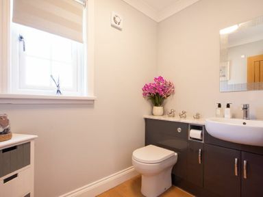 A bathroom with a toilet cabinets a sink mirror and flowers on the counter at Castlewood in Bamburgh